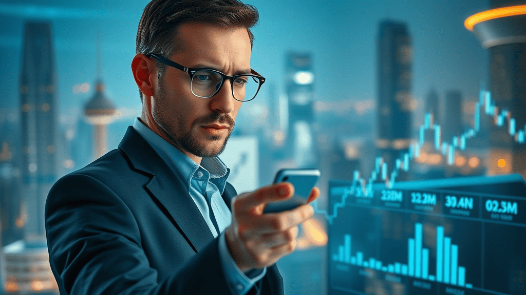 Futuristic investor using stock price prediction tool and AI stock analysis in a high-tech city office, tracking real time stock prices on holographic display