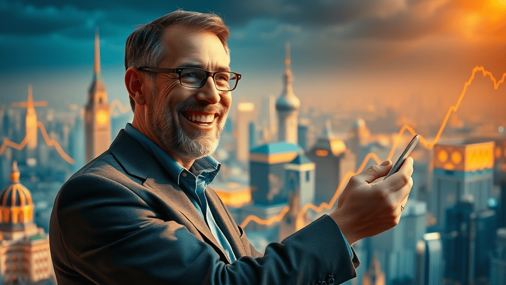 Investor celebrating profits enabled by stock price prediction tools, stock analysis, and AI-driven stock trading strategies with glowing charts in digital cityscape