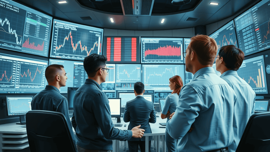 Analytical team reviewing stock prediction tools for stock trading and stock price prediction in a control center with advanced digital charts