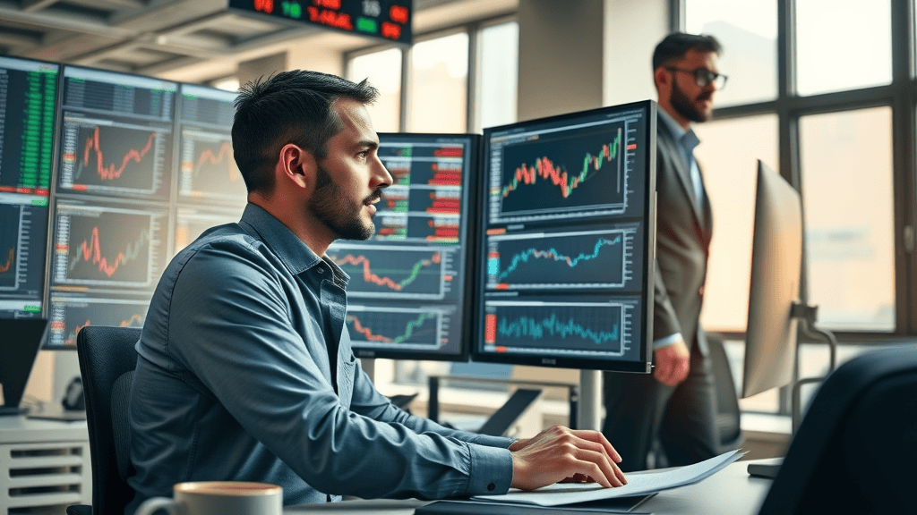modern financial analyst using stock market analysis software on dual monitors in a professional trading office