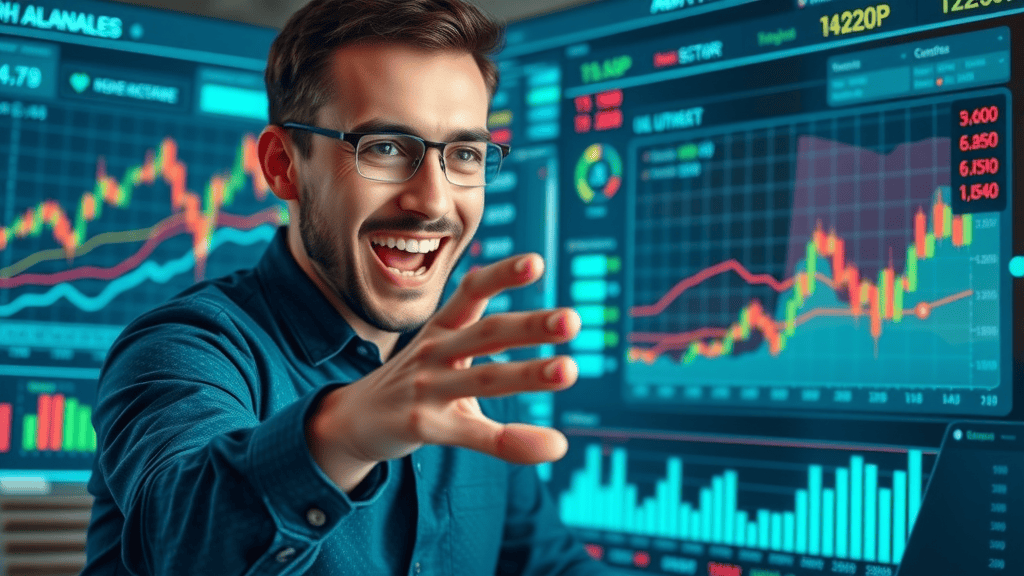 user interacting with innovative stock market analysis software dashboard with technical indicators and trend lines