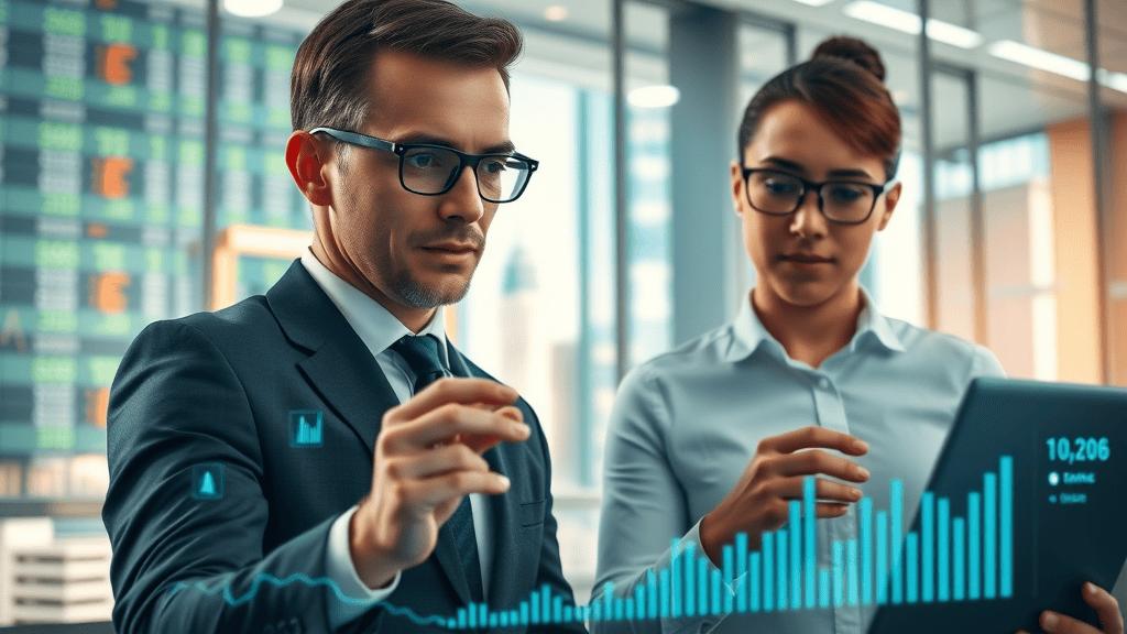 stock market prediction tool: Dynamic financial analysts engaged in digital stock analysis with financial charts and cityscape