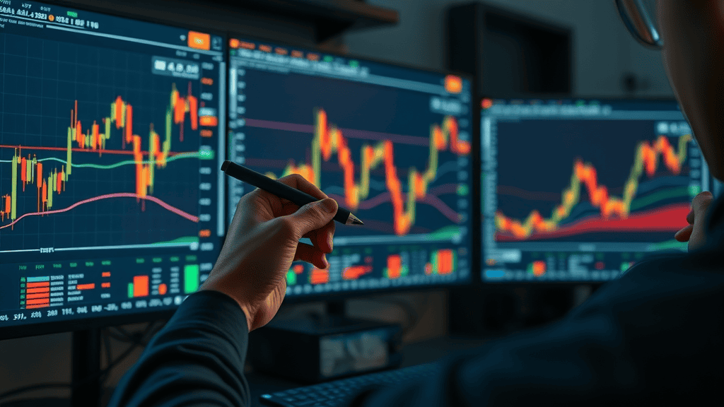 analyst drawing support and resistance lines, using technical indicators on stock market analysis chart