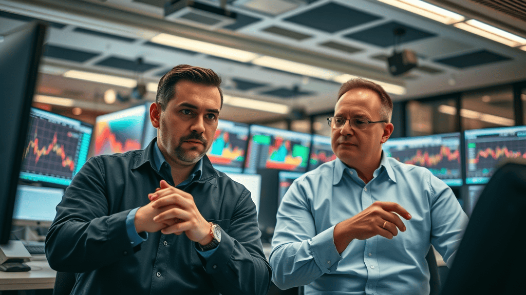 day trader and long-term investor using different stock market analysis software in a modern office
