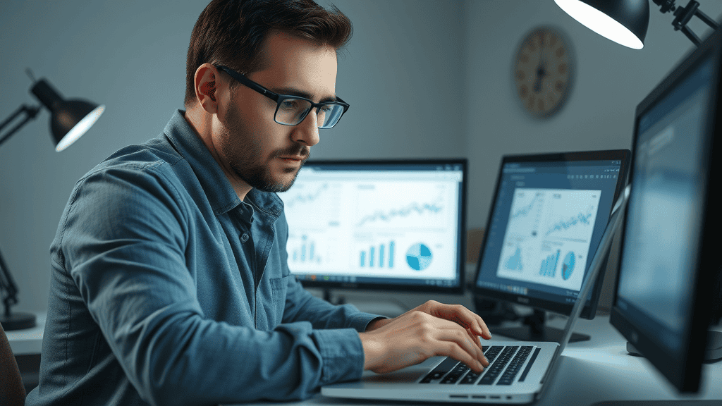 IT specialist troubleshooting a stock market analysis software error on a laptop