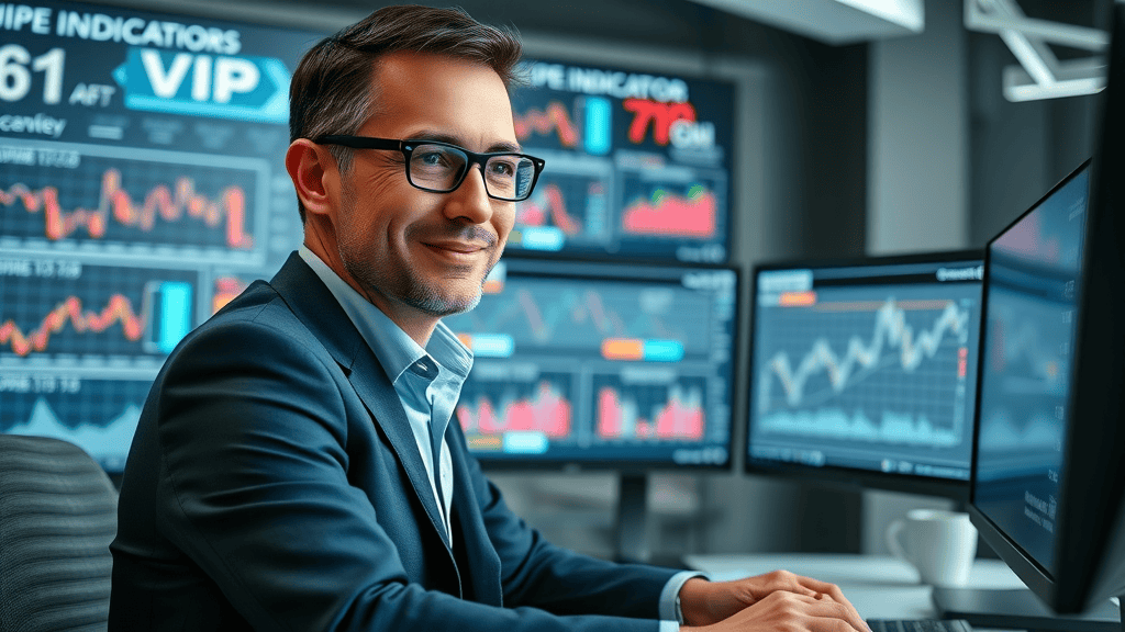 VIP Indicators stock market prediction tool: Investor reviewing AI-driven dashboard with accurate stock analysis
